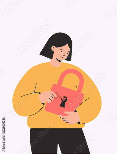 Fotografía Flat woman holding secure lock self protection and privacy concept