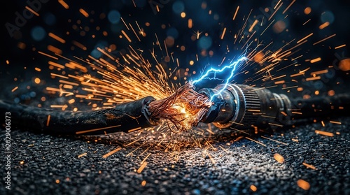 Close up of exposed copper wires in a broken electrical cable causing power failure.