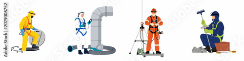 Bild auf Leinwand Vector illustrations of industrial workers in safety gear performing maintenance, inspection, and confined space entry tasks on a white background