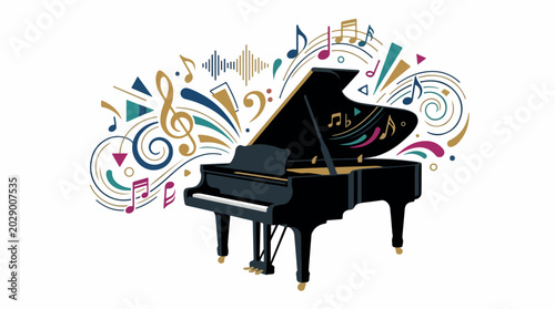 Colorful grand piano illustration with swirling notes and vibrant color palette creating a magical music moment