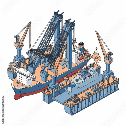Slika na platnu Industrial Shipyard Construction Cranes and Vessels Illustration.