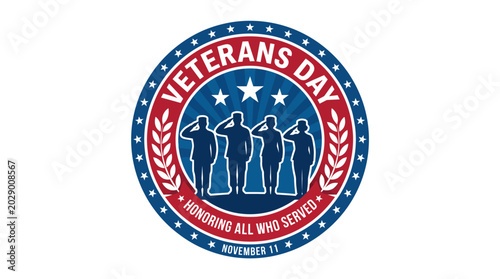 Commemorative Veterans Day illustration honoring military service members on a patriotic American holiday, featuring saluting silhouettes within a celebratory badge design