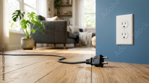 Unplugged black power cable on a wooden floor near an empty wall outlet to save energy.