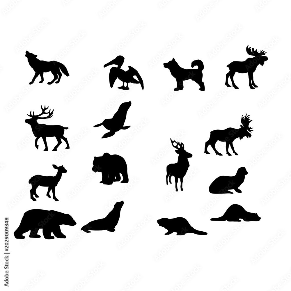 Obraz premium Set of wild arctic animals and forest wildlife silhouettes collection on transparent background.