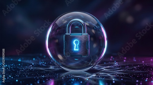 Secure network access and privacy safety concept with a glowing lock inside a glass sphere.