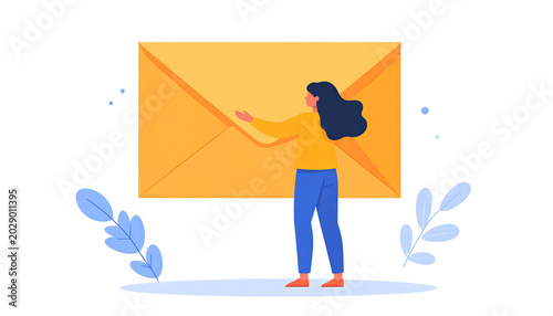 Woman interacting with a large email envelope, illustrating digital communication, message delivery, online correspondence, and modern business notification concepts