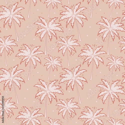 Seamless tropical palm tree pattern with pastel pink background