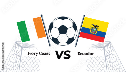 Ivory coast vs ecuador soccer flags and ball on goalposts