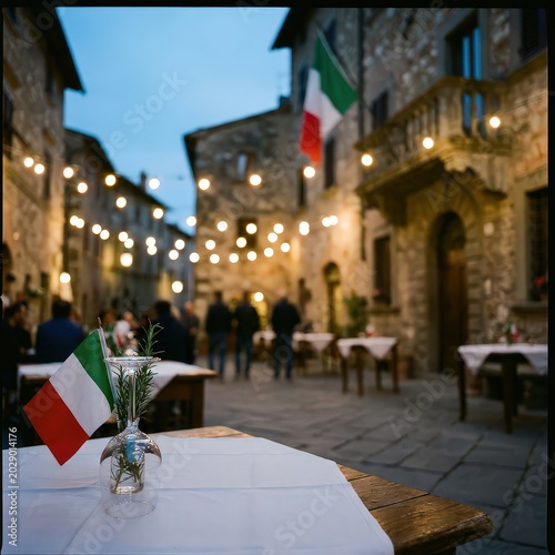 Traditional Italian outdoor dining scene in a historic stone piazza at dusk