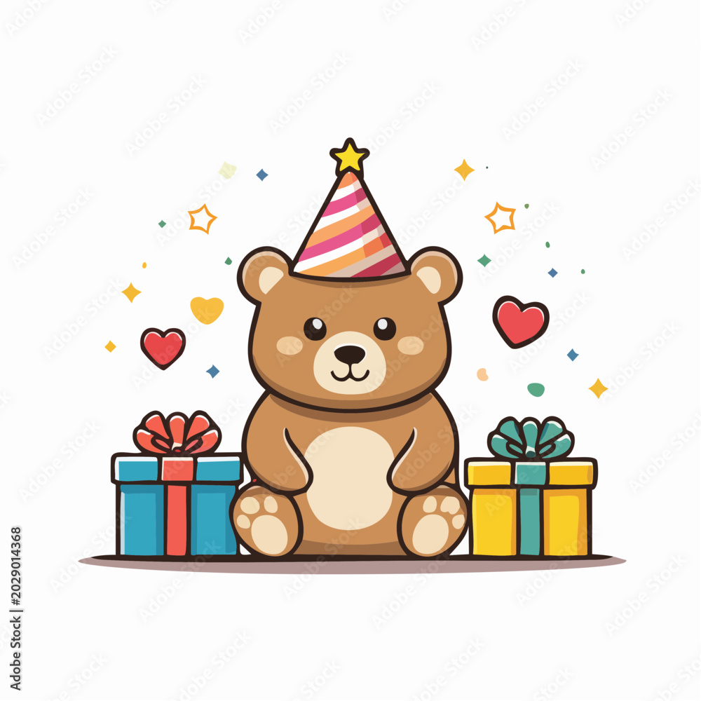 Fototapeta premium Cute Teddy Bear with Birthday Hat and Gifts