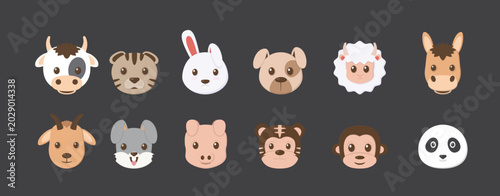 Photography Adorable collection of twelve cartoon animal face icons isolated on a dark background