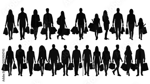 Black silhouettes of people walking with luggage isolated on transparent background, Vector