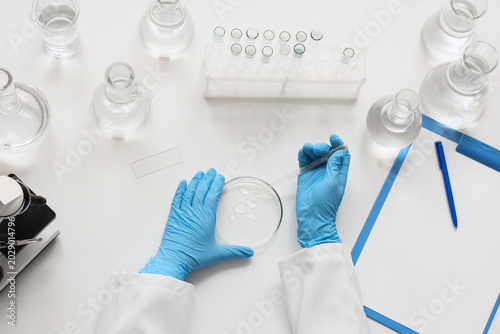 Female scientist dropping water sample onto Petri dish at table in laboratory...