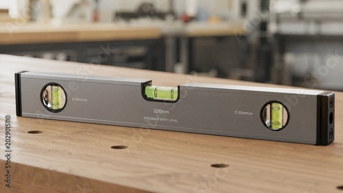 Precision spirit level on wooden workbench in natural lighting.