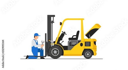 Schilderij op canvas Forklift Repair: Mechanic Fixing Yellow Forklift Truck