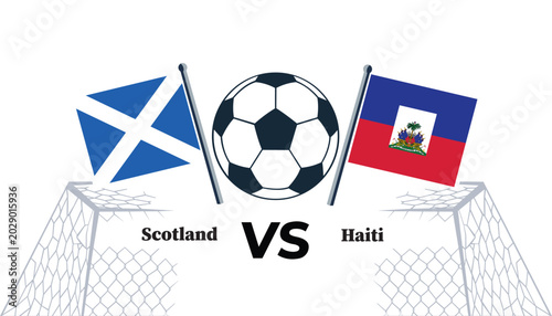 Scotland versus haiti soccer teams flags and ball on goalposts