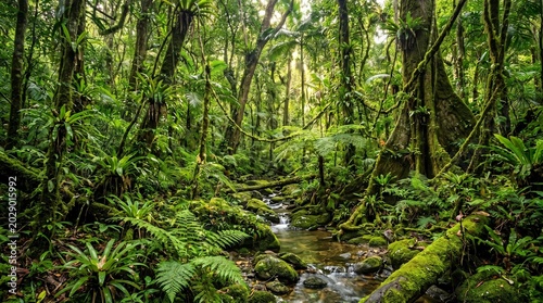 Lush green ferns carpet the forest floor beneath moss-covered trees, illuminating a beautiful natural jungle landscape along a peaceful wilderness trail in summer