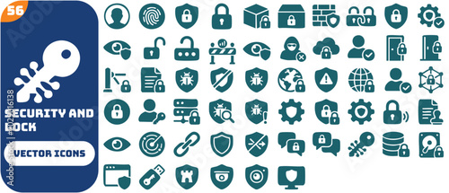 Photography Security and lock icon set featuring biometric face recognition, fingerprint scan, data encryption, cybersecurity, two-factor authentication, privacy, and firewall protection