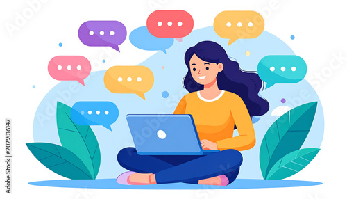 Young woman happily communicating with others online using her laptop, surrounded by speech bubbles and foliage