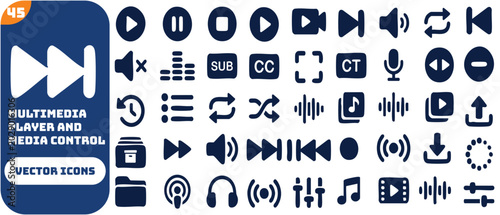 Bild auf Leinwand Multimedia player and media control icon set featuring play, pause, stop, skip, volume, equalizer, subtitles, full screen, playlist, and audio wave symbols