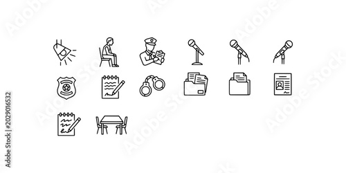 Photos Icon set collection of police interrogation and legal investigation procedures, showcasing suspects, interview tables, recorded statements, and evidence files