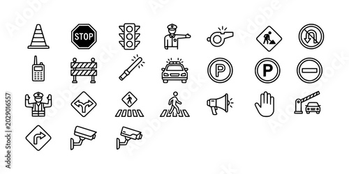 Tableau sur toile Icon set collection of traffic control and road safety symbols, featuring signs, barriers, cones, officers, and pedestrian crossings