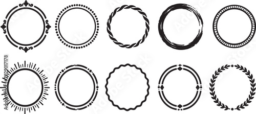Collection of decorative circular frame borders with vintage floral, dotted, twisted rope, brush stroke, radiant and laurel wreath elements isolated on light background vector design