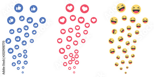 Social Media Reaction Icons Set, Flying Like Heart Emoji and Live Stream Engagement Vector Collection