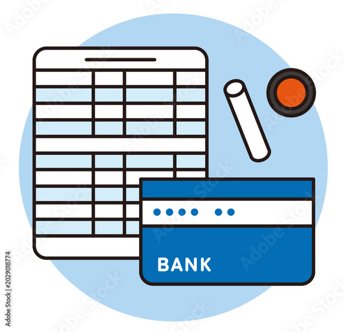 Tableau sur toile 通帳と印鑑のアイコン。銀行で使う口座とハンコ。投資や貯金のイメージ。A passbook icon.