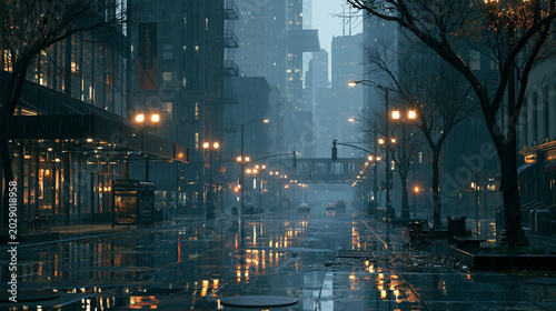 Rainy City Street at Night with Glowing Reflections