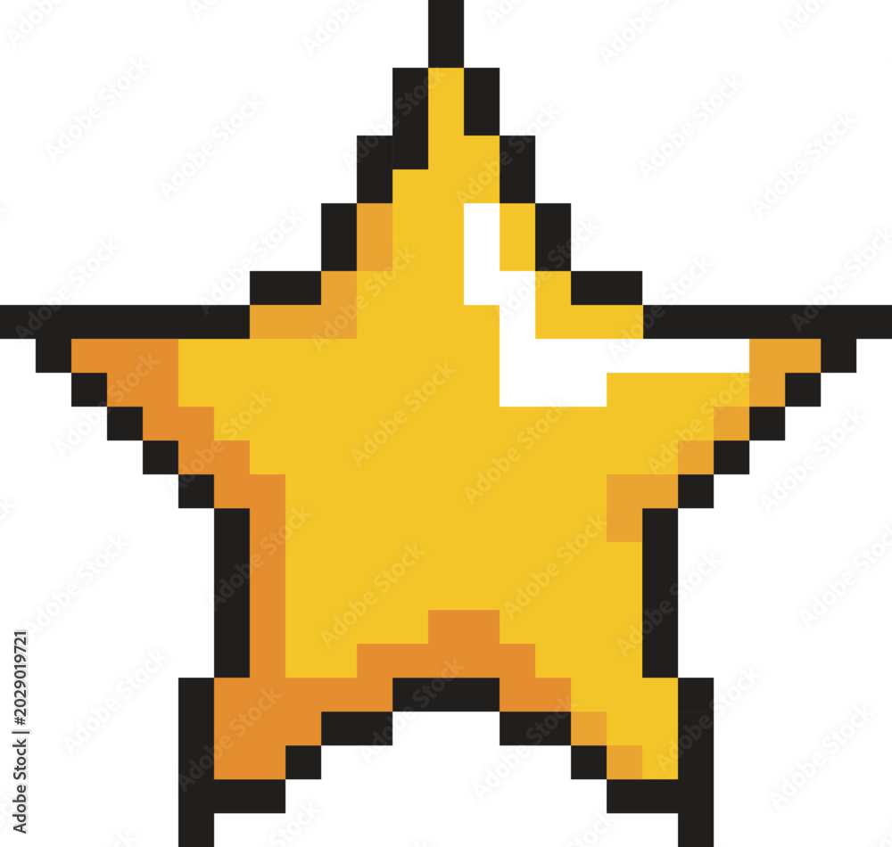 Fototapeta premium Vector illustration of a shiny golden star designed in a classic retro pixel art style.Eight bit digital icon of a gold star representing success achievement and victory rewards.