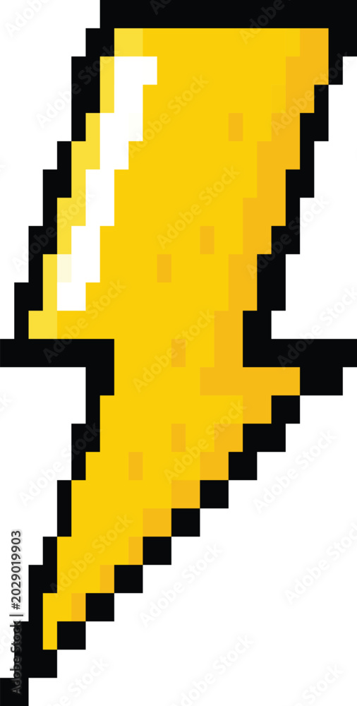 Obraz premium Vector illustration of a yellow lightning bolt designed in a classic retro pixel art style.Eight bit digital icon of a thunderbolt representing electrical power energy and fast speed.