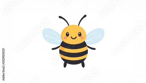 A smiling bee flies in the air with its wings spread.