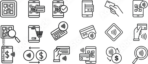 Foto Vector line icon set of contactless payment methods and qr code scanning via smartphone for digital business