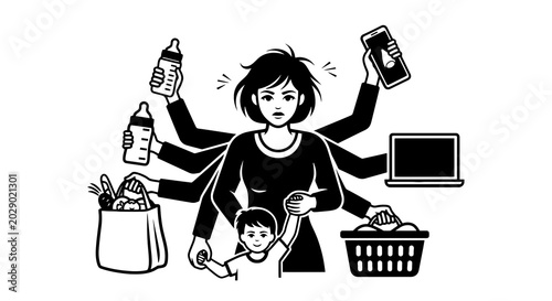 Tableau sur toile Multitasking mother with many tasks.