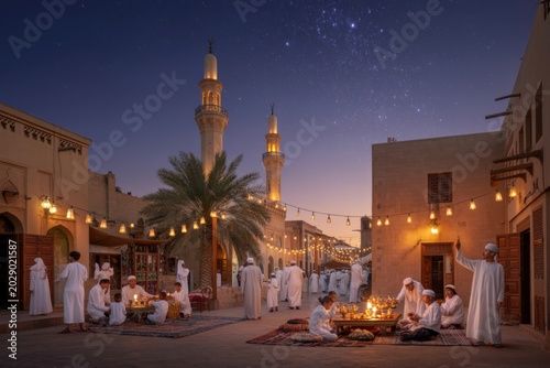 Arabic community gathering during twilight in a historic village with mosque and festive lights