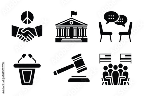 Foto Diplomatic icon set featuring ceasefire summit negotiation sanctions embassy and