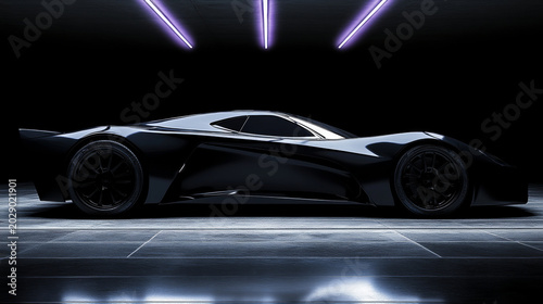 Black sports car in dark room
