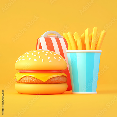 Hamburgers and fries against a yellow background