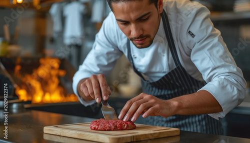  Chef with a focused expression and skilled hands, preparing a fresh hamburger patty on a sleek kitchen counter, with a sizzling grill in the background.