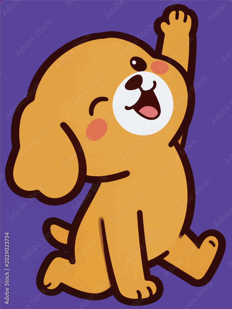 Obraz premium Cheerful cartoon puppy waving happily on purple background
