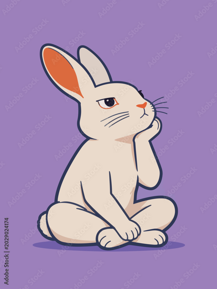 Fototapeta premium Thoughtful annoyed cartoon white rabbit sitting pose