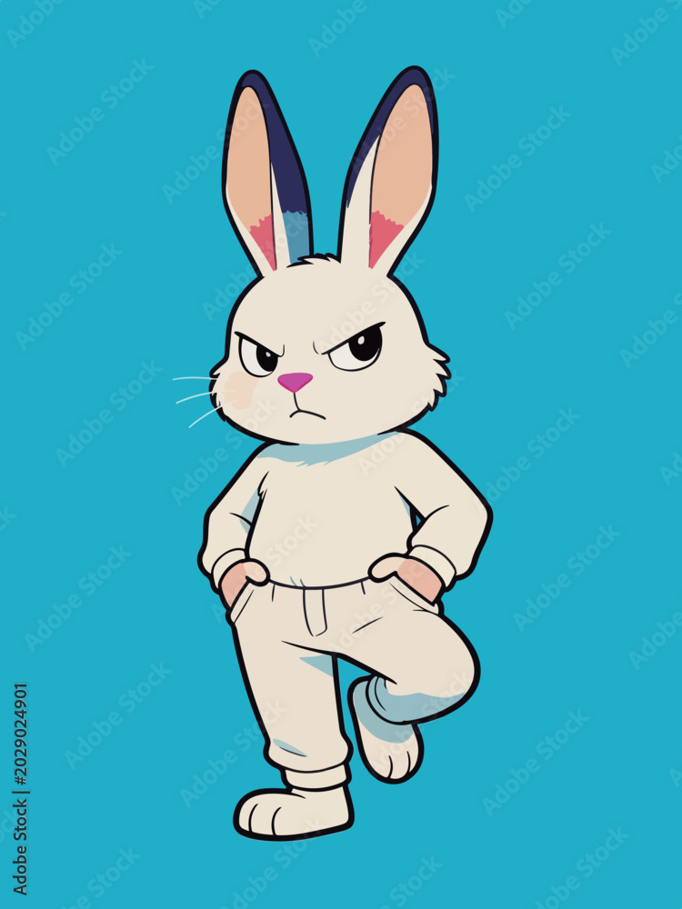 Fototapeta premium Cool Angry Anthropomorphic White Rabbit Cartoon Character