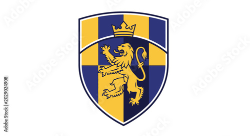 Heraldic Shield Emblem Featuring a Golden Lion and Crown on Blue and Yellow Checkered Background