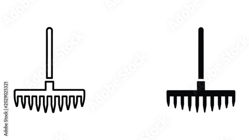Black and white garden rake and cultivator icons