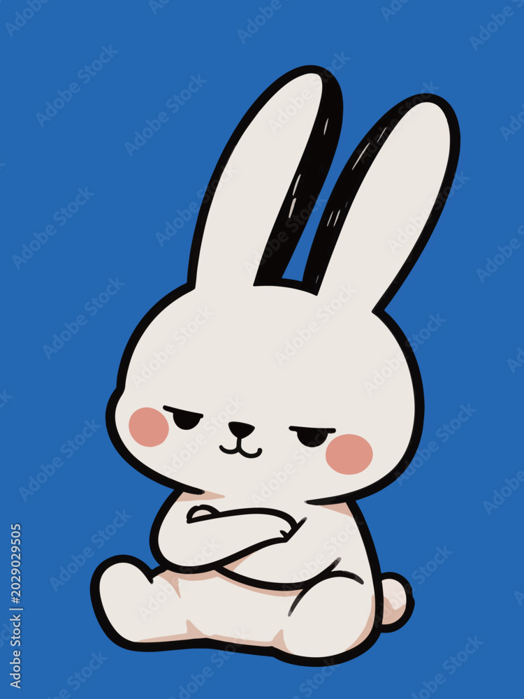 Fototapeta premium Grumpy Sitting Cartoon Rabbit with Crossed Arms