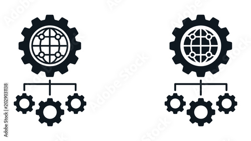 Interconnected gear system with globe icons