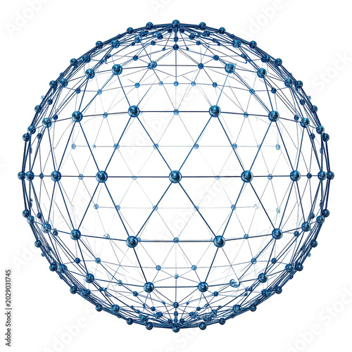 Abstract blue network sphere representing global connectivity and data technology on a white background