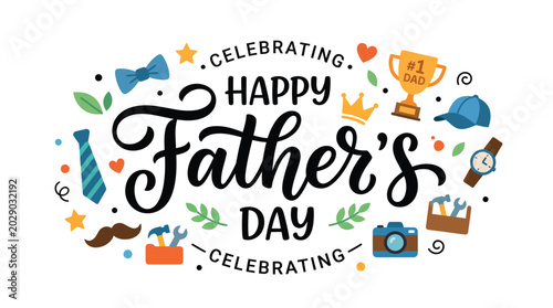 Happy Father's Day Hand Lettering Template with Leaves and Tools Decor