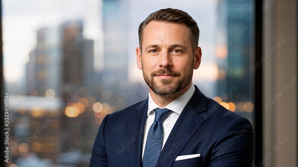 Fototapeta premium Confident financial advisor in formal attire against a blurred cityscape background.